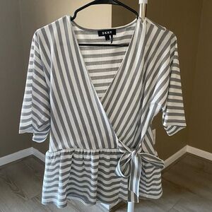 DKNY White and Gray Striped Peplum Wrap Blouse